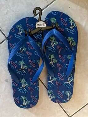 Nameless Blue Tropical Print Flip Flops